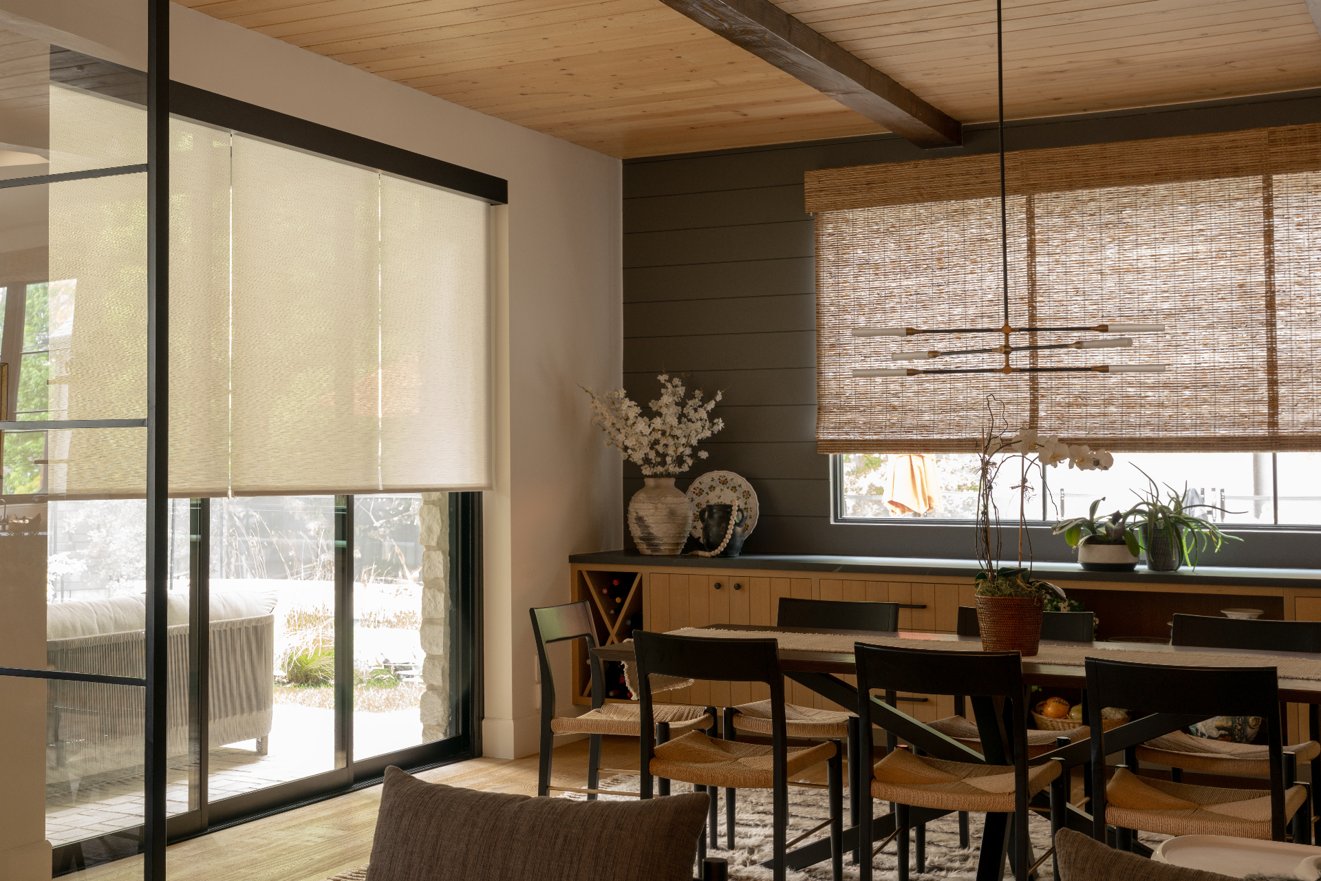 Woven shades in a dining room interior